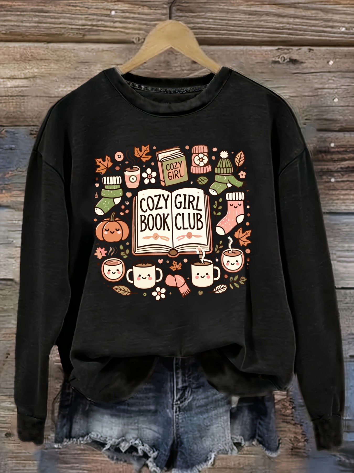Books - レディースカジュアル長袖クルーネックTシャツ、コージーガールブッククラブ、秋デザイン、ラウンドネック婦人服、洗濯機で洗える、やや伸縮性あり、ゆったりフィット、春・秋・冬用レディースTシャツ、ハロウィンコスチューム衣装
